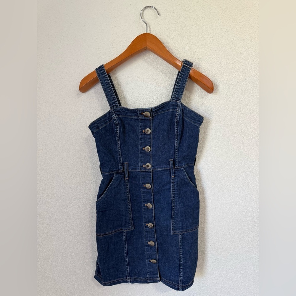 H&M Divided Dark Blue Denim Button Up Mini Dress with Pockets Women’s Size 6 - Picture 2 of 6